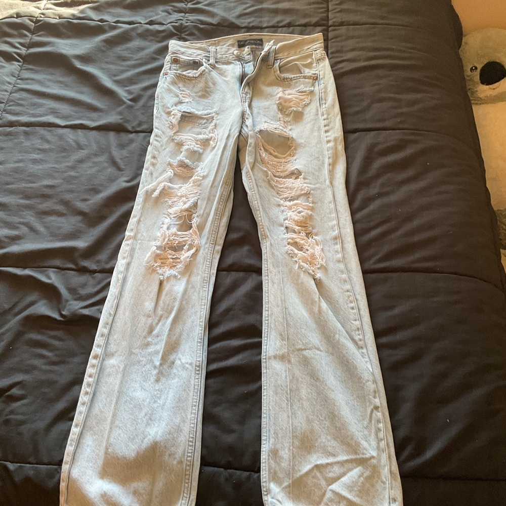 Blue Straight Leg Distressed Jeans